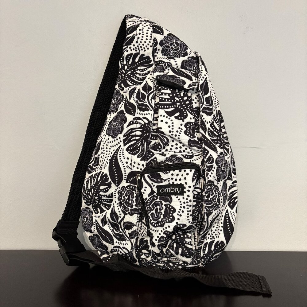 Ambry Black Floral White Canvas Rope Sling Backpack